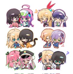 6+girls ahoge aikawa_megumi aoi_erika apron aqua_eyes asakura_karen_(heaven_burns_red) black_hair blonde_hair blue_hair blue_jacket blush bow braid breasts bun_cover chibi chibi_only clover_hair_ornament date_akari double_bun flower frilled_apron frills fur_trim glasses green_eyes grey_hair hair_bun hair_flower hair_ornament hair_over_one_eye hair_over_shoulder hair_stick hairclip half_up_braid happy hat heaven_burns_red highres holding_hands hood hood_up jacket kanzaki_adelheid kayamori_ruka kunimi_tama long_hair long_sleeves low-tied_long_hair military_hat minase_ichigo multicolored_hair multiple_girls necktie nikaidou_misato pink_eyes pink_hair ponytail puffy_short_sleeves puffy_sleeves purple_eyes purple_hair red_bow red_necktie ribbon round_eyewear satsuki_mari shirt short_hair short_sleeves sidelocks skirt sportswear streaked_hair tassel tassel_hair_ornament tennis_uniform toujou_tsukasa twin_braids twintails two_side_up very_long_hair vest visor_cap white_background white_ribbon white_shirt wide_sleeves wuubaiwan yuri