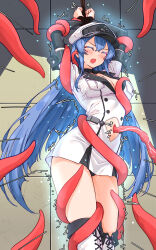 1girl akame_ga_kill! arms_up bakasp-lilzy black_choker black_panties blue_hair blush bound bound_wrists breasts choker cleavage closed_eyes closed_mouth clothing_cutout dress energy_drain esdeath hat highres large_breasts long_hair military_hat navel_cutout navel_insertion open_mouth panties pantyshot peaked_cap rape restrained rope short_dress solo tentacles thighhighs thighs tile_wall tiles trembling underwear very_long_hair white_dress white_hat white_thighhighs