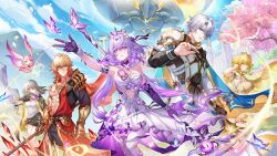 2boys 3girls absurdres aglaea_(honkai:_star_rail) armor asymmetrical_gloves bare_shoulders black_pants black_skirt blonde_hair blue_eyes body_markings breasts bug butterfly castorice_(honkai:_star_rail) chinnpou commentary dress elbow_gloves english_commentary gloves grey_hair highres holding holding_scythe holding_weapon honkai:_star_rail honkai_(series) insect large_breasts mem_(honkai:_star_rail) multicolored_hair multiple_boys multiple_girls mydei_(honkai:_star_rail) outdoors outstretched_arm pants parted_lips phainon_(honkai:_star_rail) pointy_ears purple_butterfly purple_eyes purple_gloves purple_hair scythe shirt short_hair shoulder_armor single_elbow_glove single_off_shoulder skirt stelle_(honkai:_star_rail) streaked_hair toned toned_male trailblazer_(honkai:_star_rail) uneven_gloves weapon white_dress white_shirt yellow_eyes