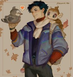 Rule 34 | 1boy, absurdres, black hair, blue jacket, bluemist72, chimchar, gen 4 pokemon, hand in pocket, heart, highres, holding, holding pokemon, jacket, lucas (pokemon), nintendo, on lap, poke ball, pokemon, pokemon (creature), pokemon dppt, pokemon on lap, pokemon platinum, scarf, smile, spoken heart, starly, waist poke ball, white scarf, winter clothes
