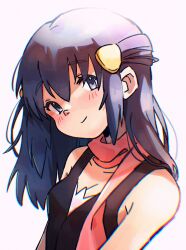 1girl alien_ashi bare_shoulders black_eyes black_shirt blue_hair blush closed_mouth dawn_(pokemon) hair_between_eyes hair_ornament hairclip highres long_hair looking_at_viewer nintendo pink_scarf pokemon pokemon_dppt scarf shirt sleeveless sleeveless_shirt smile solo white_background