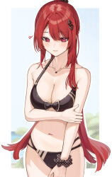 1girl arm_under_breasts bare_shoulders bikini black_bikini blush bow bow_bikini breasts cleavage closed_mouth collarbone commentary_request cowboy_shot embarrassed hair_between_eyes hair_ornament hair_scrunchie hairclip halterneck hu_kotora jewelry large_breasts long_hair looking_at_viewer mixed-language_commentary multi-strapped_bikini navel necklace original polka_dot polka_dot_scrunchie ponytail red_eyes red_hair scrunchie solo striped_bikini striped_clothes swimsuit thighs wrist_scrunchie