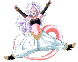 1girl \o/ absurdres android_21 arms_up black_shoes black_sleeves black_tube_top blue_eyes bracelet choker colored_skin commentary detached_sleeves dragon_ball dragon_ball_fighterz earclip earrings english_commentary fangs full_body groin harem_pants high_heels highres hoop_earrings jewelry legs_apart long_hair looking_at_viewer majin_android_21 messy_hair navel open_mouth outstretched_arms pants pink_skin pointy_ears shoes silverwoodwork simple_background smile solo stomach strapless tail teeth tube_top white_background white_hair white_pants yellow_choker