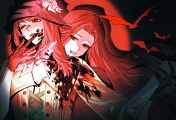 Rule 34 | 2girls, ;o, bat (animal), behind another, black background, fangs, gloves, hands up, hat, highres, holding another&#039;s wrist, long hair, looking at viewer, molen106, multiple girls, neckerchief, one eye closed, red light, red theme, reverse:1999, semmelweis (reverse:1999), spotlight, tricorne, valentina (reverse:1999)
