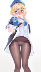 1girl absurdres black_gloves black_skirt blonde_hair blue_eyes blue_jacket blush braid breasts clothes_lift commission ehart embarrassed fingerless_gloves from_below frown girls&#039;_frontline girls&#039;_frontline_2:_exilium gloves hair_between_eyes hair_ornament hairclip hands_up highres hip_focus jacket knees_together_feet_apart lifting_own_clothes long_hair looking_at_viewer looking_down medium_breasts open_clothes open_jacket panties pantyhose papasha_(girls&#039;_frontline_2) parted_lips pixiv_commission ppsh-41_(girls&#039;_frontline) shirt single_braid skirt skirt_lift solo standing thigh_gap thighs twintails underwear white_panties white_shirt