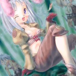 1girl 2000s_(style) 2boys :d badbullet bow bow_bra bra breasts brown_jacket brown_shorts capelet cleavage feet_out_of_frame green_background jacket long_hair long_sleeves looking_at_viewer lowres medium_breasts multiple_boys navel one_eye_closed open_mouth purple_eyes ragnarok_online red_bow shorts shrug_(clothing) sitting smile solo solo_focus swordsman_(ragnarok_online) thief_(ragnarok_online) underwear white_bra white_capelet white_hair
