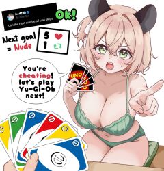 1girl animal_ears blonde_hair blush bra breasts green_eyes hair_between_eyes indie_virtual_youtuber looking_at_viewer moshiedraws nimi_nightmare open_mouth panties speech_bubble table tapir_ears tapir_girl twitter_strip_game twitter_username underwear uno_(game) virtual_youtuber white_background