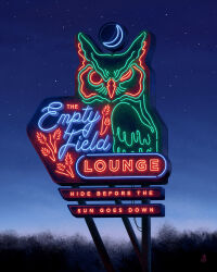 animal bird blue_sky crescent_moon cursive dappermouth english_text film_grain glowing gradient_sky green_bird highres horror_(theme) looking_at_viewer moon neon_sign night night_sky no_humans object_focus one_eye_closed original outdoors owl realistic scenery sign sky star_(sky) starry_sky text_focus tree wheat