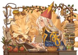 1boy animal basket berry bishounen blonde_hair blue_jacket blush book book_stack branch bug calico_(pattern) candle candlestand cat closed_eyes closed_mouth collared_jacket commentary cork cup desk english_commentary eye_contact fire flask food fruit garlic gold_trim hair_behind_ear hair_between_eyes hat high_collar jacket leaf long_hair looking_at_another male_focus open_book open_mouth orange_cat original oversized_animal parchment parted_bangs plant pomegranate potted_plant prema-ja profile red_eyes solo spider tabby_cat tassel teacup twitter_username whiskers white_background wing_collar