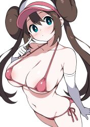 1girl bikini blue_eyes breasts brown_hair commentary_request double_bun ecgg_(tsuji418477) elbow_gloves gloves hair_bun highres large_breasts long_hair looking_at_viewer micro_bikini nintendo pokemon pokemon_bw2 red_bikini rosa_(pokemon) side-tie_bikini_bottom simple_background solo swimsuit twintails visor_cap white_background white_gloves
