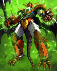 absurdres black_wings claws full_body getter_dragon getter_robo highres holding holding_weapon mecha mecha_focus moyan no_humans robot sketch solo standing super_robot twitter_username weapon wings yellow_eyes
