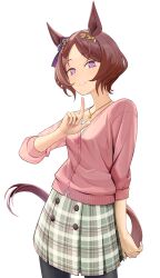 1girl animal_ears black_pantyhose brown_hair flower_in_eye highres horse_ears horse_girl index_finger_raised jewelry kanpiro looking_at_viewer necklace pantyhose parted_bangs pink_sweater plaid_clothes plaid_skirt purple_eyes sakura_laurel_(umamusume) short_hair simple_background skirt smile solo sweater symbol_in_eye umamusume white_background