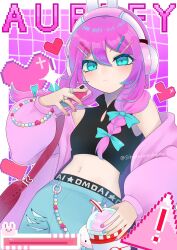 1girl animal_ear_headphones animal_ears aubrey_(birthday)_(omori) aubrey_(faraway)_(omori) aubrey_(omori) blue_bow blue_eyes blue_nails bow bracelet cellphone character_name charm_(object) closed_mouth crop_top cup denim drinking_straw fake_animal_ears forest_bunny?_(omori) hair_bow hair_ornament hairclip headphones heart highres holding holding_cup jacket jeans jewelry long_sleeves looking_at_viewer low_twintails multicolored_nails navel omori pants phone pink_hair pink_jacket pink_nails rabbit_ear_headphones sirokuronodoame smartphone solo torn_clothes torn_jeans torn_pants twintails