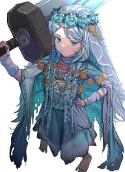 1girl blue_eyes braid closed_mouth doll_joints dress elden_ring elden_ring_nightreign flower flower_wreath head_wreath holding jewelry joints long_hair looking_at_viewer low_twin_braids revenant_(elden_ring) riku_pam solo twin_braids veil weapon white_background white_dress white_hair white_veil