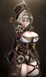 1girl absurdres artist_name breasts brown_background brown_gloves brown_jacket brown_shorts cleavage closed_mouth commentary english_commentary gloves green_eyes green_hair hat headband highres honkai_(series) honkai_impact_3rd jacket large_breasts long_hair long_sleeves looking_at_viewer mea_(manami030) multicolored_hair pixiv_id revision shorts smile solo top_hat two-tone_hair vill-v