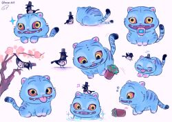 animal bird black_hat blue_fur extra_eyes hat highres hyeon_0613 kpop_demon_hunters sharp_teeth teeth tiger tongue tongue_out vase yellow_eyes