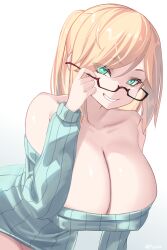 Rule 34 | 1girl, absurdres, adjusting eyewear, aqua eyes, bare shoulders, blonde hair, breasts, collarbone, glasses, grin, highres, huge breasts, looking at viewer, medium hair, off-shoulder sweater, off shoulder, original, red-framed eyewear, shiki (psychedelic g2), simple background, smile, solo, sweater, swept bangs, white background