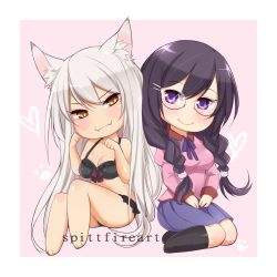 Rule 34 | &gt;:3, 2girls, :3, amanda evelyn earl, animal ears, barefoot, black bra, black hair, black hanekawa, black legwear, black panties, bra, braid, breasts, brown eyes, cat ears, chibi, cleavage, dual persona, fangs, full body, glasses, hair ornament, hairclip, hanekawa tsubasa, long hair, looking at viewer, medium breasts, monogatari (series), multiple girls, panties, paw pose, purple eyes, school uniform, silver hair, sitting, skirt, slit pupils, smile, twin braids, underwear, v-shaped eyebrows, very long hair