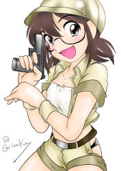 Rule 34 | 1girl, belt, belt buckle, black panties, brown belt, brown eyes, brown hair, brown jacket, brown shorts, buckle, cosplay, covered erect nipples, fio germi, fio germi (cosplay), girls und panzer, grian (griankay), gun, handgun, highres, holding, holding gun, holding weapon, jacket, metal slug, open mouth, ou taiga, panties, semi-rimless eyewear, short hair, short sleeves, short twintails, shorts, signature, tank top, twintails, underwear, weapon, weapon request