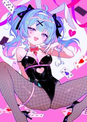 1girl ace_(playing_card) ace_of_hearts animal_ears bare_arms bare_shoulders black_leotard blue_eyes blue_hair blush bow bowtie breasts broken_heart card cleavage clothing_cutout covered_navel cuffs cutout_above_navel detached_collar fake_animal_ears fishnet_pantyhose fishnets fymrie hair_ornament handcuffs hatsune_miku heart heart-shaped_pupils heart_cutout high_heels highres leotard long_hair looking_at_viewer medium_breasts multicolored_hair necktie pantyhose pink_background pink_hair pink_theme playing_card rabbit_ears rabbit_hair_ornament rabbit_hole_(vocaloid) red_bow red_bowtie red_necktie smug solo spade_(shape) spaghetti_strap spread_legs symbol-shaped_pupils teardrop_facial_mark twintails two-tone_hair vocaloid x_hair_ornament