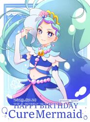 1girl arm_warmers blue_eyes blue_hair bow character_name cure_mermaid earrings go!_princess_precure happy_birthday jewelry kaidou_minami long_hair looking_at_viewer magical_girl midriff multicolored_hair navel precure purple_hair shell shell_earrings so solo streaked_hair tanshi_tanshi twitter_username two-tone_hair upper_body very_long_hair waist_bow