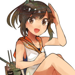 Rule 34 | 1girl, bare shoulders, brown eyes, brown hair, i-401 (kancolle), itomugi-kun, kantai collection, one-piece swimsuit, open mouth, ponytail, sailor collar, salute, school swimsuit, school uniform, short hair, short ponytail, smile, solo, swimsuit, swimsuit under clothes