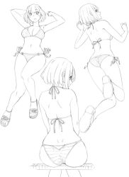 Rule 34 | 1girl, ass, back, bikini, blush, breasts, cleavage, from behind, full body, jumping, lineart, medium breasts, monochrome, multiple views, navel, open mouth, original, profile, ryuuta (msxtr), sandals, short hair, side-tie bikini bottom, sitting, striped bikini, striped clothes, swimsuit