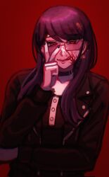 1girl black_nails blood blood_on_face blood_splatter collar collarbone earrings eyebrows eyelashes female_focus fingernails glasses hand_up highres jewelry lips looking_at_viewer nail_polish purple_hair red_background red_eyes shizuhara_hiruko simple_background solo solo_focus the_hundred_line_-last_defense_academy- tongue tongue_out upper_body