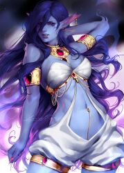 1girl aleriia_v arm_up armlet blue_eyes blue_hair blue_skin breasts cleavage colored_skin ear_piercing female_focus fingernails genie jewelry lip_piercing long_hair magi_the_labyrinth_of_magic medium_breasts navel navel_piercing paimon_(magi) piercing pointy_ears sharp_fingernails solo
