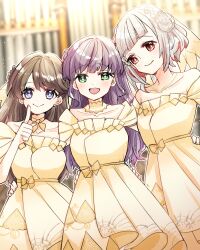 3girls :d bare_shoulders braid breasts brown_hair closed_mouth collarbone colored_inner_hair commentary cowboy_shot crown_braid dated diagonal_bangs dress flower-shaped_hair frilled_dress frills fujishima_megumi green_eyes highres index_finger_raised itsudemo_itsumademo_(love_live!) jewelry kanduki_kamibukuro large_breasts link!_like!_love_live! long_hair looking_at_viewer love_live! medium_breasts medium_dress multicolored_hair multiple_girls necklace off-shoulder_dress off_shoulder official_alternate_costume open_mouth otomune_kozue purple_eyes purple_hair red_eyes red_hair revision short_hair smile split_mouth streaked_hair two_side_up virtual_youtuber white_hair yellow_dress yugiri_tsuzuri
