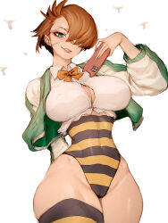 1girl arm_behind_back bee black_lips black_nails black_thighhighs boku_no_hero_academia bow breasts brown_hair bug cameltoe cellphone cleavage collared_shirt earrings eyepatch fumio_(rsqkr) green_eyes green_jacket hachikusa_kuin hair_over_one_eye highres holding holding_phone insect jacket jewelry large_breasts leotard long_sleeves multicolored_leotard multicolored_thighhighs orange_bow partially_unbuttoned phone sharp_teeth shirt short_hair single_thighhigh smartphone smile solo standing striped_clothes striped_leotard striped_thighhighs teeth thighhighs upper_body vigilante_-boku_no_hero_academia:_illegals- white_background yellow_leotard yellow_thighhighs