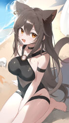 1girl absurdres animal_ear_fluff animal_ears arknights bare_shoulders beach between_legs black_collar black_one-piece_swimsuit breasts brown_eyes brown_hair cat_ears cat_girl cat_tail collar collarbone commentary_request day glint groin hand_between_legs highres long_hair looking_at_viewer medium_breasts o-ring o-ring_swimsuit on_ground one-piece_swimsuit open_mouth outdoors sand seiza sitting skyfire_(arknights) skyfire_(temperature_difference)_(arknights) solo swimsuit tail teketi very_long_hair water