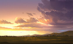artist_name bird cloud cloudy_sky forest grass huhv. landscape mountain mountainous_horizon nature no_humans original outdoors scenery sky sunset tree
