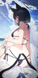1girl absurdres animal_ear_fluff animal_ears bakeneko beach beach_mat bikini black_choker black_eyes black_tail blue_archive blue_bikini blue_halo blue_sky breasts bright_pupils butt_crack cat_ears cat_girl cat_tail choker cloud cloudy_sky commentary_request day from_behind gradient_tail halo halterneck highres kikyou_(blue_archive) kikyou_(swimsuit)_(blue_archive) layered_bikini looking_at_viewer looking_back lotion medium_breasts multiple_tails ocean official_alternate_costume outdoors pyytato short_hair side-tie_bikini_bottom sideboob sideways_glance skindentation sky solo suggestive_fluid sunscreen swimsuit tail thighs two_tails white_pupils