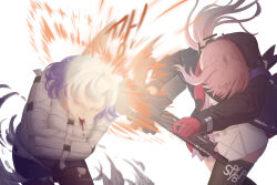 2girls absurdres ar-15 assault_rifle black_jacket black_thighhighs blood blood_from_mouth buttstroke closed_eyes girls&#039;_frontline gloves grey_hair gun highres holding holding_gun holding_weapon jacket morridow_(girls&#039;_frontline) multiple_girls open_clothes open_jacket pink_hair ponytail red_gloves rifle shirt simple_background st_ar-15_(girls&#039;_frontline) st_ar-15_(mod3)_(girls&#039;_frontline) straitjacket thighhighs weapon white_background white_shirt whoseit
