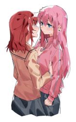 Rule 34 | 2girls, blue eyes, blue skirt, bocchi the rock!, brown jacket, commentary, cropped legs, gotoh hitori, highres, jacket, kita ikuyo, long hair, looking at another, multiple girls, nervous, pink hair, pink jacket, red hair, school uniform, shuka high school uniform, skirt, sweatdrop, takao (88499191), undressing another, unzipping, yuri