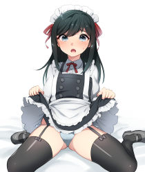 Rule 34 | 1boy, adapted costume, akagi kurage, alternate costume, apron, asashio (kancolle), belt, black dress, black hair, black thighhighs, blue eyes, blue panties, blush, bulge, buttons, clothes lift, crossdressing, crossdressing (mtf), dress, dress lift, embarrassed, enmaided, frilled dress, frills, garter straps, genderswap, genderswap (ftm), hair ribbon, heart, highres, kantai collection, long hair, long sleeves, maid, maid headdress, male focus, mary janes, neck ribbon, open mouth, panties, pinafore dress, red ribbon, ribbon, shirt, shoes, side-tie panties, simple background, sitting, sleeveless, sleeveless dress, solo, sweatdrop, text focus, thighhighs, trap, underwear, wariza, white background, white shirt