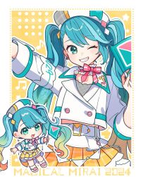 Rule 34 | 1girl, 2024, ;d, aqua hair, aqua nails, belt, blonde hair, chibi, commentary request, copyright name, cropped jacket, dot nose, full body, gradient hair, green eyes, grin, hair between eyes, hat, hatsune miku, highres, jacket, magical mirai (vocaloid), magical mirai miku, magical mirai miku (2024), multicolored hair, musical note, one eye closed, open mouth, outline, shoes, skirt, smile, socks, star (symbol), tama (songe), teeth, twintails, vocaloid, white belt, white hat, white jacket, white outline, white shoes, white socks, yellow skirt