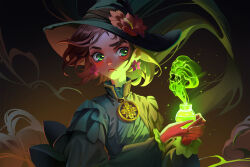 Rule 34 | 1girl, amulet, blush, brown background, brown hair, brown ribbon, celestra, closed mouth, commentary, dark background, dress, earrings, english commentary, flower, frilled cuffs, frown, glowing, green dress, green eyes, green hat, hat, hat flower, hat ribbon, high collar, highres, holding potion, jewelry, looking at object, medium hair, original, pink flower, poison, potion, puffy sleeves, ribbon, skull, smoke, solo, sparkle, star (symbol), star earrings, upper body, witch, witch hat