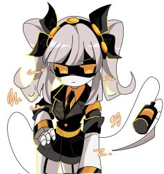 android black_jacket grey_hair hairband highres humanoid_robot j_(murder_drones) jacket katkit637729776 looking_at_viewer mechanical_arms murder_drones robot short_hair short_sleeves skirt twintails white_hair yellow_eyes