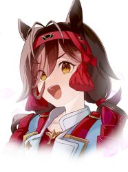 Rule 34 | 1girl, :d, animal ears, antenna hair, brown hair, commentary request, cropped shoulders, hair between eyes, hairband, highres, horse ears, horse girl, long hair, low twintails, moko39 takasora, no reason (umamusume), open mouth, red hairband, shirt, simple background, smile, solo, twintails, umamusume, white background, white shirt, yellow eyes