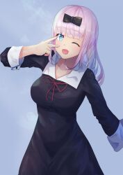 1girl ;p black_bow blue_eyes bow breasts dreamkite fujiwara_chika kaguya-sama_wa_kokurasetai_~tensai-tachi_no_renai_zunousen~ large_breasts long_hair long_sleeves looking_at_viewer one_eye_closed pink_hair school_uniform tongue tongue_out v wink