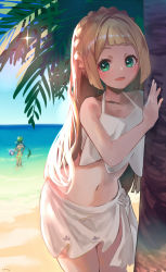 2girls :d bare_shoulders beach bikini blonde_hair blue_sky blunt_bangs blurry blurry_background blush braid collarbone commentary_request cowboy_shot dark-skinned_female dark_skin day e-co glint green_eyes groin lillie_(pokemon) long_hair looking_at_viewer mallow_(pokemon) midriff multiple_girls navel nintendo ocean open_mouth outdoors palm_tree pokemon pokemon_(anime) pokemon_sm_(anime) sand sarong sidelocks signature sky smile solo_focus standing swimsuit tankini tree white_bikini white_sarong