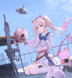 Rule 34 | 1girl, animal ear headphones, animal ears, assault rifle, bag, black bag, black shoes, blonde hair, blue eyes, blue sailor collar, blue sky, blush, bow, building, buttons, chain, commentary request, d-pad, d-pad hair ornament, day, fake animal ears, falling petals, floating hair, flying, gold chain, gradient hair, gun, hair between eyes, hair ornament, handbag, handheld game console, headphones, highres, long hair, long sleeves, looking ahead, michele (strinova), mixed-language commentary, multicolored hair, official alternate costume, on floor, open mouth, outdoors, own hands together, palms together, petals, plaid clothes, plaid skirt, railing, rifle, robot, rooftop, sailor collar, school uniform, serafuku, shirt, shoes, sitting, skirt, sky, solo, strinova, stuffed toy, table, tail, tail bow, tail ornament, thighhighs, twintails, wariza, weapon, white shirt, white skirt, white thighhighs, yuzuriha (atelier liang)