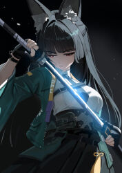 1girl absurdres animal_ear_fluff animal_ears aqua_jacket black_hair black_necktie black_skirt blunt_bangs collared_shirt cowboy_shot fox_ears fox_girl highres holding holding_sword holding_weapon hoshimi_miyabi jacket katana long_hair necktie open_clothes open_jacket red_eyes shirt silvertina skirt sword weapon white_shirt zenless_zone_zero