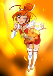 10s 1girl ;d ahoge bike_shorts bike_shorts_under_skirt boots cure_sunny detached_sleeves eyelashes ez6 female_focus fiery_background fire hino_akane_(smile_precure!) looking_at_viewer magical_girl miniskirt one_eye_closed open_mouth orange_background orange_skirt orange_theme precure red_eyes red_hair red_shorts shorts shorts_under_skirt skirt smile smile_precure! solo thigh_boots thighhighs tiara wink
