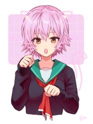 1girl blush brown_eyes character_name commentary_request drawn_ears drawn_tail drawn_whiskers green_sailor_collar hair_between_eyes highres kantai_collection kia_(kia1206kia) long_sleeves looking_at_viewer neckerchief open_mouth paw_pose pink_hair red_neckerchief sailor_collar short_hair signature simple_background sleeves_past_wrists solo tama_(kancolle) upper_body