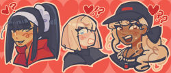 !? 3girls black_hair blonde_hair blue_eyes blush bow dark-skinned_female dark_skin female_focus heart highres jewelry kawana_tsubasa long_hair looking_at_viewer magadori_kyoshika multiple_girls necklace oosuzuki_kurara open_mouth portrait red_bow teeth the_hundred_line_-last_defense_academy- upper_teeth_only