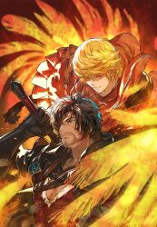 2boys armor beard beard_stubble black_cape black_gloves black_hair blonde_hair blue_eyes brothers cape chinstrap_beard clive_rosfield closed_mouth commentary facial_hair final_fantasy final_fantasy_xvi fire gloves high_collar highres holding holding_behind_back holding_sword holding_sword_behind_back holding_weapon holding_weapon_behind_back joshua_rosfield multiple_boys orange_eyes parted_lips pectorals red_robe robe scar scar_on_face short_hair shoulder_armor siblings strap stubble suzuki_rika sword symbol-only_commentary weapon