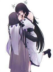 2girls angon623 arms_around_neck bare_shoulders black_footwear black_hair black_shirt blush boots carrying carrying_person chest_sarashi chief_(path_to_nowhere) coat coat_on_shoulders face-to-face female_chief_(path_to_nowhere) grey_coat grey_pants hashtag-only_commentary highres hime_cut japanese_clothes kimono laughing long_hair multiple_girls off_shoulder open_mouth pants path_to_nowhere ribbon-trimmed_kimono ribbon_trim sarashi shirt simple_background sumire_(path_to_nowhere) very_long_hair white_background white_kimono wide_sleeves